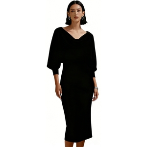 เดรสผู้หญิงคอวีแบบพันรอบตัว ความยาวปานกลาง - เดรสทรงเข้ารูปแขนทรงปีกค้างคาว พร้อมผ่าหลัง แฟชั่นเดรสผู้หญิง - Product Image 3