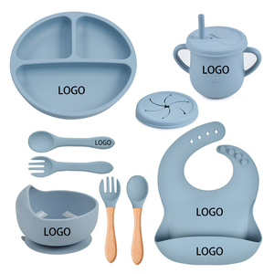 Ensemble de vaisselle pour enfant en silicone de qualité alimentaire bol d'alimentation pour bébé <span class=keywords><strong>assiette</strong></span> d'aspiration tasse de paille cuillère en bois fourchette pour enfants vaisselle - Product Image 1
