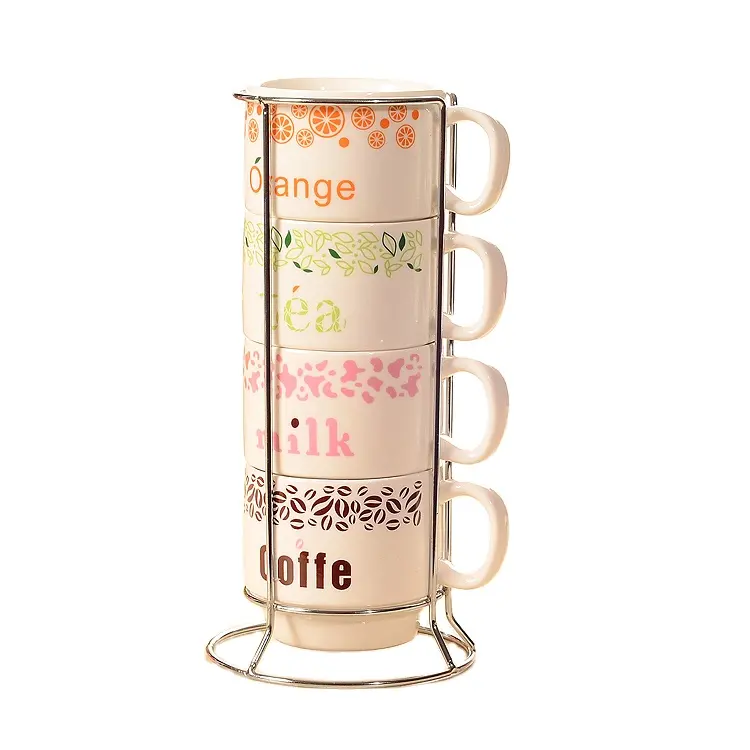 wholesale speckled yellow japanese latest design reusable exquisite custom logo ceramic stackable mugs with metal rack