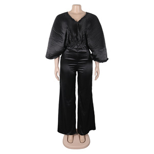 Conjunto de Dos Piezas para Mujer, Blusa Elegante con Cuello en V, Pliegues y Mangas con Volantes, Pantalones de Cintura Alta, a la Moda - Product Image 4