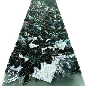 Tissu en maille de dentelle à sequins et perles rouges, motif brodé tricoté chaîne, écologique, pour robes de mariée nigérianes - Product Image 2