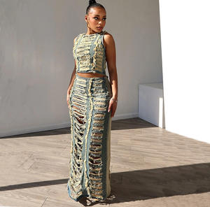 Ihoov ชุด<span class=keywords><strong>2</strong></span>ชิ้นเสื้อยีนส์มีรูระบายสำหรับผู้หญิงเสื้อผ้าผู้หญิง - Product Image 5