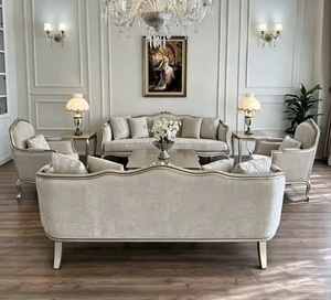 Sofá de Lujo de Madera Maciza Francesa, Color Dorado Champán, Sofá Informal para Sala de Estar, Tela Jacquard - Product Image 4
