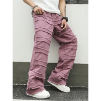 Jean large à jambes larges pour homme, couleur mauve, à volants, délavé, franges multi-couches, denim baggy, streetwear, tendance, pantalon ample, lavage