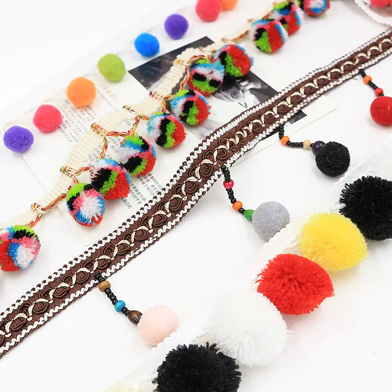 Flecos de colores variados personalizables, de varios estilos Pompón, adorno de bolas de Pompón, flecos de encaje para ropa