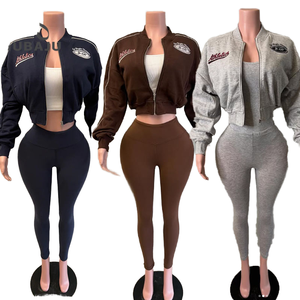 Conjunto de 2 Piezas de Moda para Mujer, Chaqueta Corta Ajustada con Cremallera y Bordado de Manga Larga y Pantalones, Chándal Informal - Product Image 4