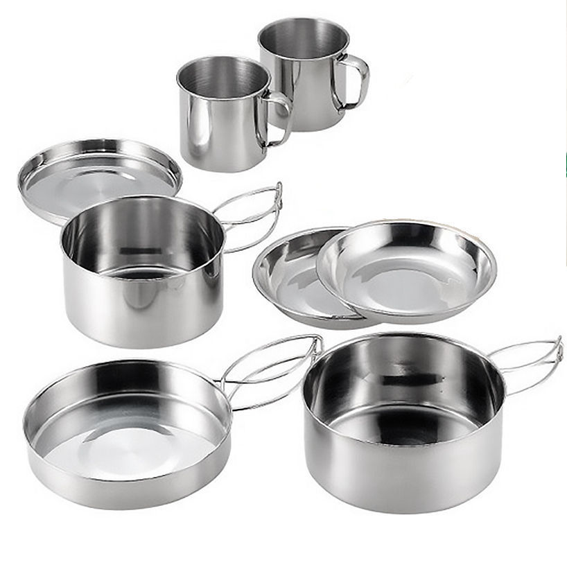 Outdoor 8 pieces Camping Stainless Steel Cookware Set Portable Backpacking Barbecue Pots Picnic Bowl Cookware Camping Pan Sets