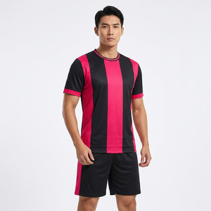 Ensemble maillot et short de football pour homme, noir et rose rayé, 100% polyester, séchage rapide, respirant, anti-humidité, col en V, grandes tailles - Product Image 1