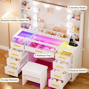 <span class=keywords><strong>Coiffeuse</strong></span> avec miroir et lumière, grande taille, plateau en verre transparent, 9 tiroirs RGB, 4 <span class=keywords><strong>étagère</strong></span>s, ensemble de <span class=keywords><strong>coiffeuse</strong></span> avec tabouret - Product Image 2