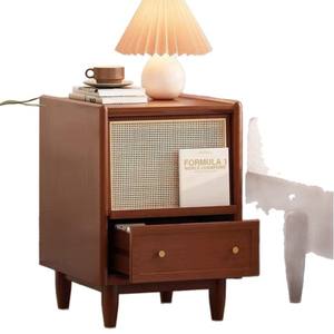 Solid Wood Nightstand With <b>Rattan</b> <b>Panel</b> LED Lighting Modern Minimalist Bedroom Side Table - Product Image 5