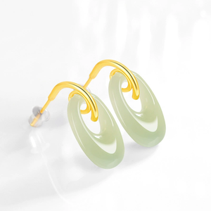 Authentic S925 Sterling <b>Silver</b> Ethnic 18K Gold Plated Earrings Natural Hetian Jade Qing Jade Elegant Stylish Women's Pendant Ear - Product Image 1