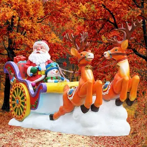 Factory Sale Xmas Crafts Resin Santa Sleigh Sculpture Fiberglass Deer Pull Cart Christmas Supplier