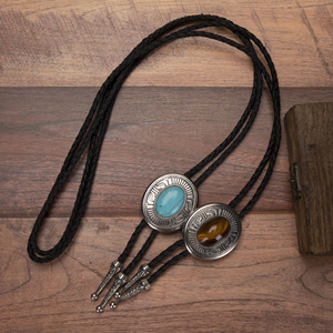 قلادة فيروزية مع سلسلة طويلة من الجلد الصناعي المجدول، ربطة عنق بولو عصرية للرجال والنساء، مطلية بالذهب على شكل/نمط أرقام - Product Image 2