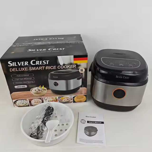 Crest Home 304 Steel Commercial Electric Digital Rice Cooker 5L Automatic Smart Multi Cooker Non-Stick Silver for Car Use