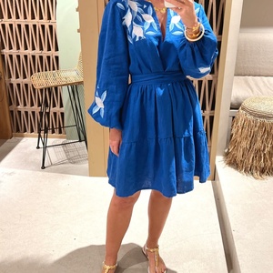 Elegante Vestido de Lino y Algodón con Cuello en V, Casual, Bordado, de Manga Corta, Mini Vestido de Verano para Mujer - Product Image 3