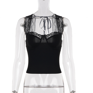 Black Lace Trim Bodycon Crop Top Sleeveless Slim Fit Camisole with Crisscross <b>Back</b> <b>Tie</b>, Summer Party Clubwear for Women - Product Image 6