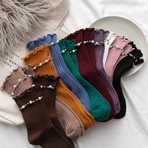 <span class=keywords><strong>Chaussettes</strong></span> ras du cou tendance pour femmes, motif volanté élégant avec perles, en coton tricoté, idéales pour le printemps – Vente en gros - Product Image 2