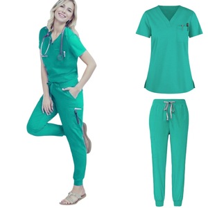 Women's Scrub Set Short Sleeve V <b>Neck</b> High Waist Knitted Medical Uniforms For Work Split Set With Label - Product Image 4