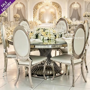 Silla de Banquete Ovalada de Acero Inoxidable Plateado y Dorado de Lujo, Venta al Por Mayor de Fábrica, con Cojín Blanco, para Bodas, Eventos y Cenas - Product Image 1