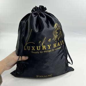 Bolsas de Satén Negras Personalizadas de Primera Calidad con Cordón y Estampado Dorado - Empaque para Extensiones de Cabello y Pelucas - Product Image 6