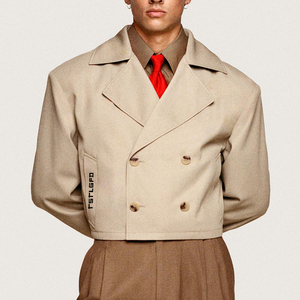 Veste Courte de Luxe Cropped pour Homme, Double Boutonnage, Col Revers Beige, Coupe Ajustée, Manteau Court de Créateur, Vêtement d'Extérieur Tendance pour Printemps Automne - Product Image 6