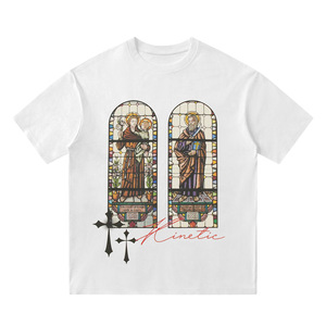 Camiseta de Hombre con Estampado Religioso de Vitral, Cuello Redondo, Manga Corta, Lavada, Estilo Urbano Casual - Product Image 1