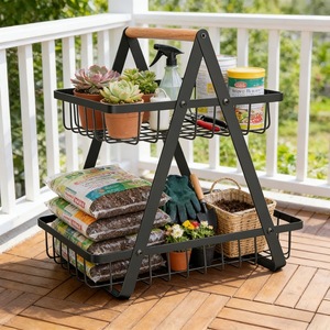 Double Layer Storage <b>Cart</b> Black Metal Wire Basket With Handle For Garden <b>Tools</b> And Supplies Outdoor Use - Product Image 1