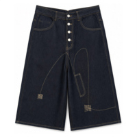 Shorts en jean personnalisés pour hommes OEM ODM Taille haute Jambe large Indigo Couture dorée Streetwear Été Hip Hop Boutons tricotés Vente en gros