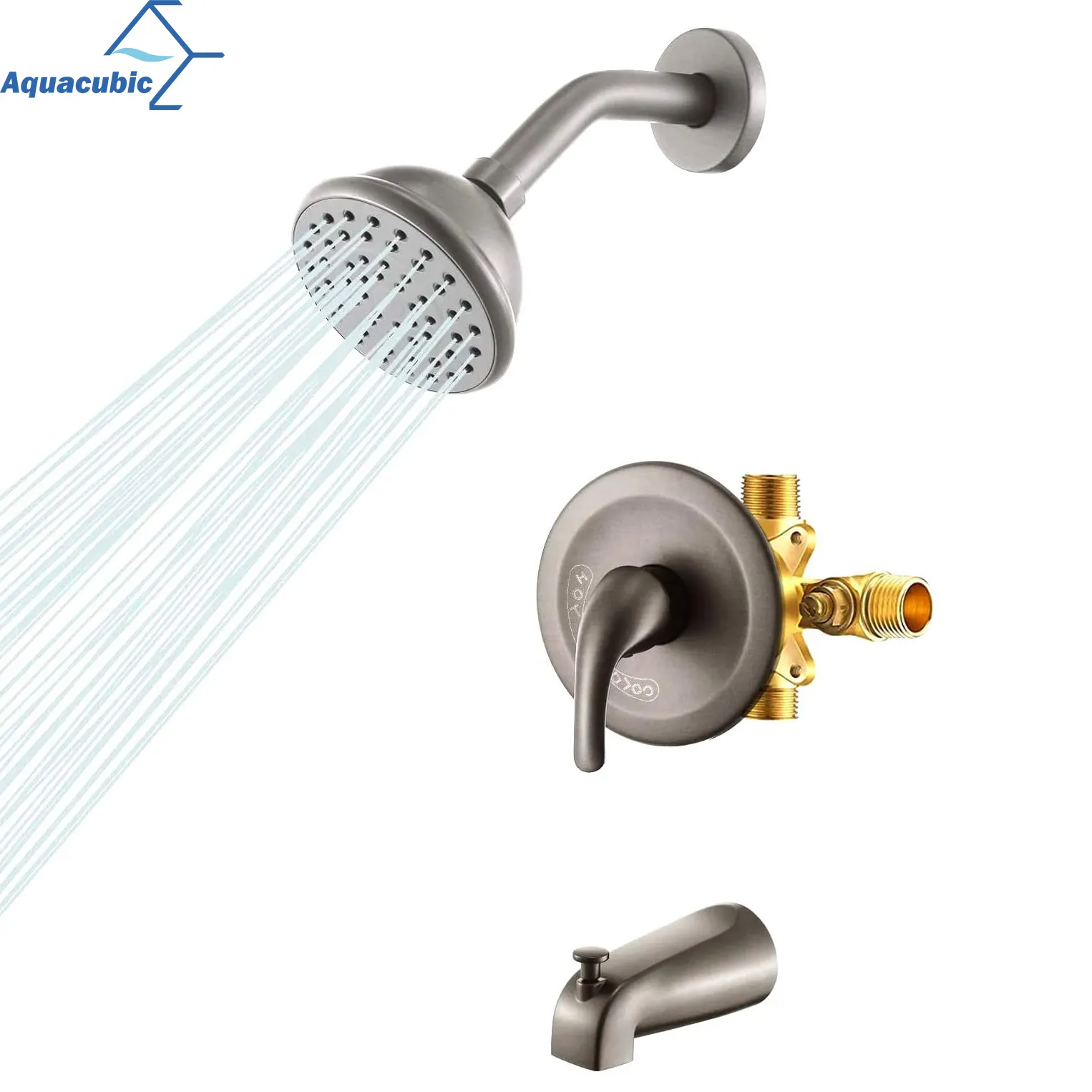 Aquacubic Shower Faucet Set Brushed Nickel Shower and Tub Trim Kit Single Handle Bathroom Rain Shower System