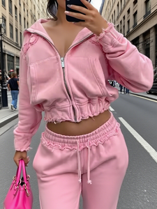 Custom Logo Women's Vintage Acid Wash <b>Distressed</b> Jogger 3044 Cotton Zip <b>Tops</b> Woven Weaving Sweatsuits for Summer - Product Image 2