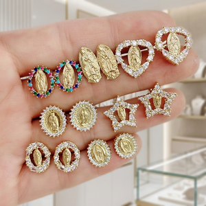 EC1812-<span class=keywords><strong>Mini</strong></span> <span class=keywords><strong>pendientes</strong></span> de oro de 18k con zirconia cúbica, joyería fina con incrustaciones de Diamante, para Madre María, Virgen de Guadalupe, san Benito - Product Image 1