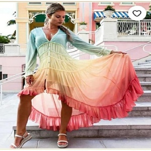 Robe Bohème en Chiffon Dégradé à Col en V, Longueur Genou, Coupe Trapèze, Style Décontracté, Respirante, Teinte par Nouage, Fendue pour Femme - Product Image 1