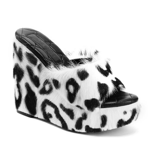 Fabricante personalizado para mujer Slip on Open Toe Fur Mules Fluffy High Heels Pink Platform Wedges Sandals - Product Image 3