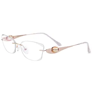 Montura de gafas sin montura de titanio para mujer, anteojos de marca de diseñador con alambre de lujo, montura de gafas graduadas con diamantes