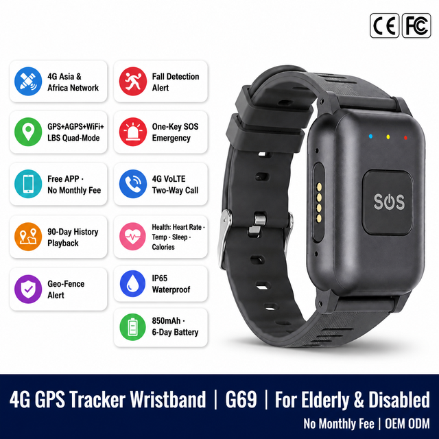 Elderly Fall Down Alert SOS Panic Button 4G GPS Bracelet Tracker G69 Support Heart Rate and Temperature Monitoring