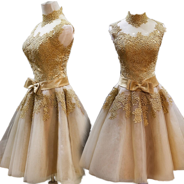High Neck Gold Lace Wedding Bridesmaid Dresses Short Illusion Ball