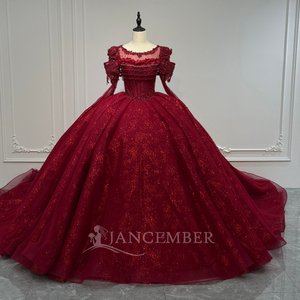 XS298 Vestido de Quinceañera Rojo Popular de Manga Larga con Corte Imperio, Cola Capilla, Apliques de Cristal y Estampado con Cuentas - Product Image 1
