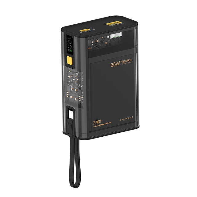 Wholesale 20000mah High Capacity Portable Power Bank 65W Super Fast Charging Digital Display Transparent Power Bank with Cable