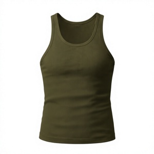 Men's Olive <b>Green</b> Ribbed Knitted Breathable Spandex/Cotton Tank Top O-Neck Sleeveless Casual Customized Printed - Product Image 1