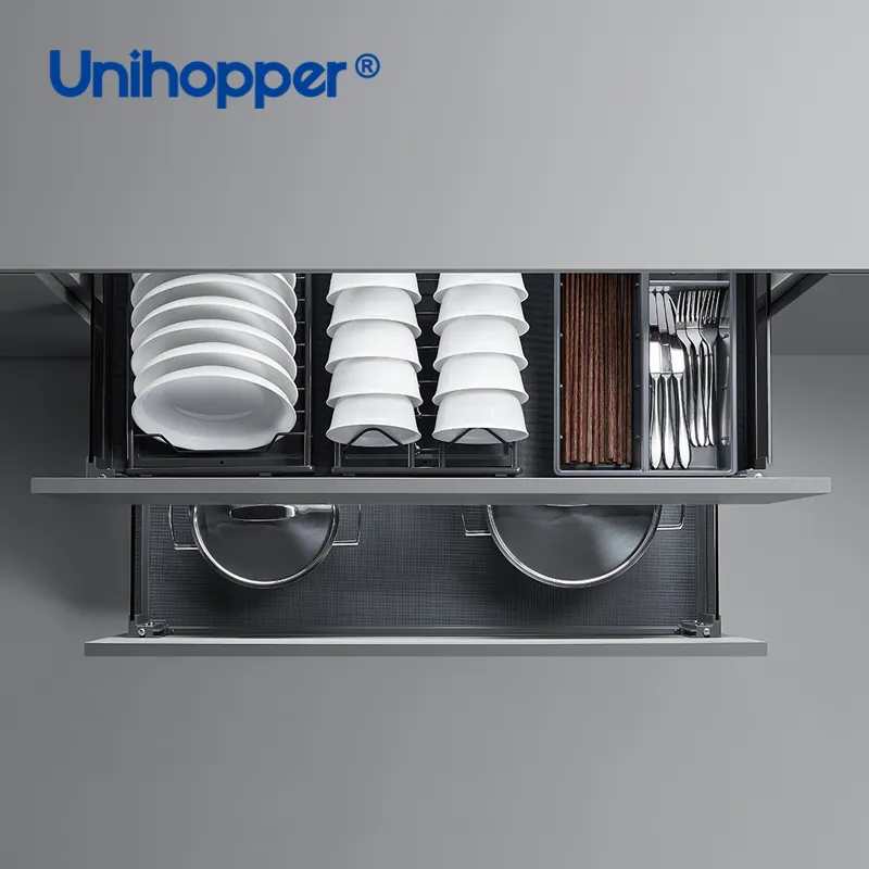 سلة تخزين في المطبخ يمكن سحبه بجودة فائقة من سلسلة Unihopper PHANTOM سلة بتصميم خزانة من الزجاج بثلاثة جوانب ودرج وسلة