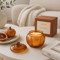 Arovi - Bougie parfumée à la citrouille pour Thanksgiving et Halloween, 430g, pot en verre ambré avec couvercle en verre, boîte cadeau personnalisée avec logo