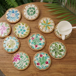 Sous-verres bohèmes en rotin, tapis de table ronds tissés en coquillages, réutilisables, écologiques, faits à la main, anti-brûlure - Product Image 4