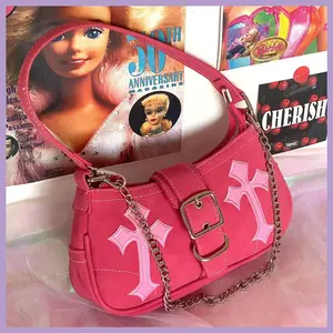 Creative Personality Underarm Bag 2024 New Cross Iron Chain Rose Red Motorcycle Pink Messenger Bag