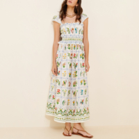Robe longue maxi en porcelaine à imprimé floral tropical, col carré, manches courtes, taille smockée, pour femme, idéale pour les vacances d'été – Fabrication sur mesure