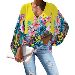 Vert Floral Femmes <span class=keywords><strong>Tunique</strong></span> Tops Casual Manches Longues Plage Blouse Loose Fit Hawaiian Blouses et Chemises pour Femmes Impression Personnalisée - Product Image 3