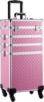 Valise de maquillage pliable 4 en 1 en aluminium tendance avec grandes roues de transport noires pour salon de coiffure