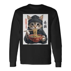 T-shirt a maniche lunghe con grafica in stile giapponese Anime Cat Ramen - Product Image 1