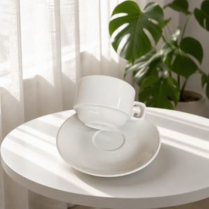 Set di Tazza e Piattino in Ceramica <span class=keywords><strong>Porcellana</strong></span> <span class=keywords><strong>Bianca</strong></span> Classica PITO 100ML con Manico a D per Tè, Caffè, Ristoranti e Hotel, Vendita all'Ingrosso - Product Image 3