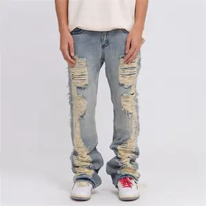 New Fashion Vintage Wash Heavyweight Men Distress Frayed Denim Jeans Straight Flare Men Jeans Street Wear