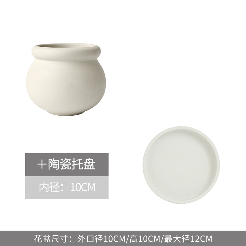 Petit pot de fleur rond en poterie blanche avec plateau